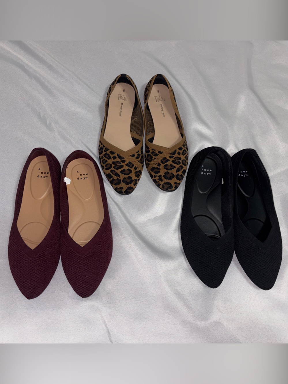 3 Pairs Women’s 8 Flats Bundle | a new day & Time & Tru | Black/Burgundy/Leopard